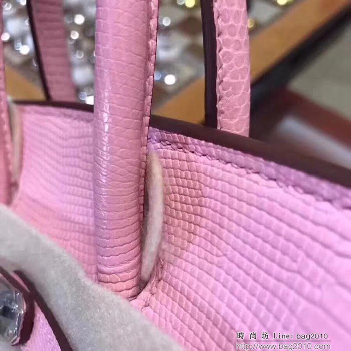 HERMES愛馬仕 鉑金包 Birkin 25cm 蜥蜴 Lizard leather 奶昔粉 銀扣 蠟線手縫 時尚手提包  Ama1150